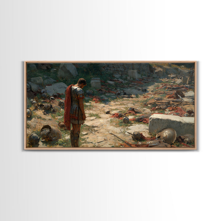 Roman Soldier After Battle Wall Art, Ancient Warrior Canvas Painting, Historical Ruins Decor, Moody Office Art Gift For Him