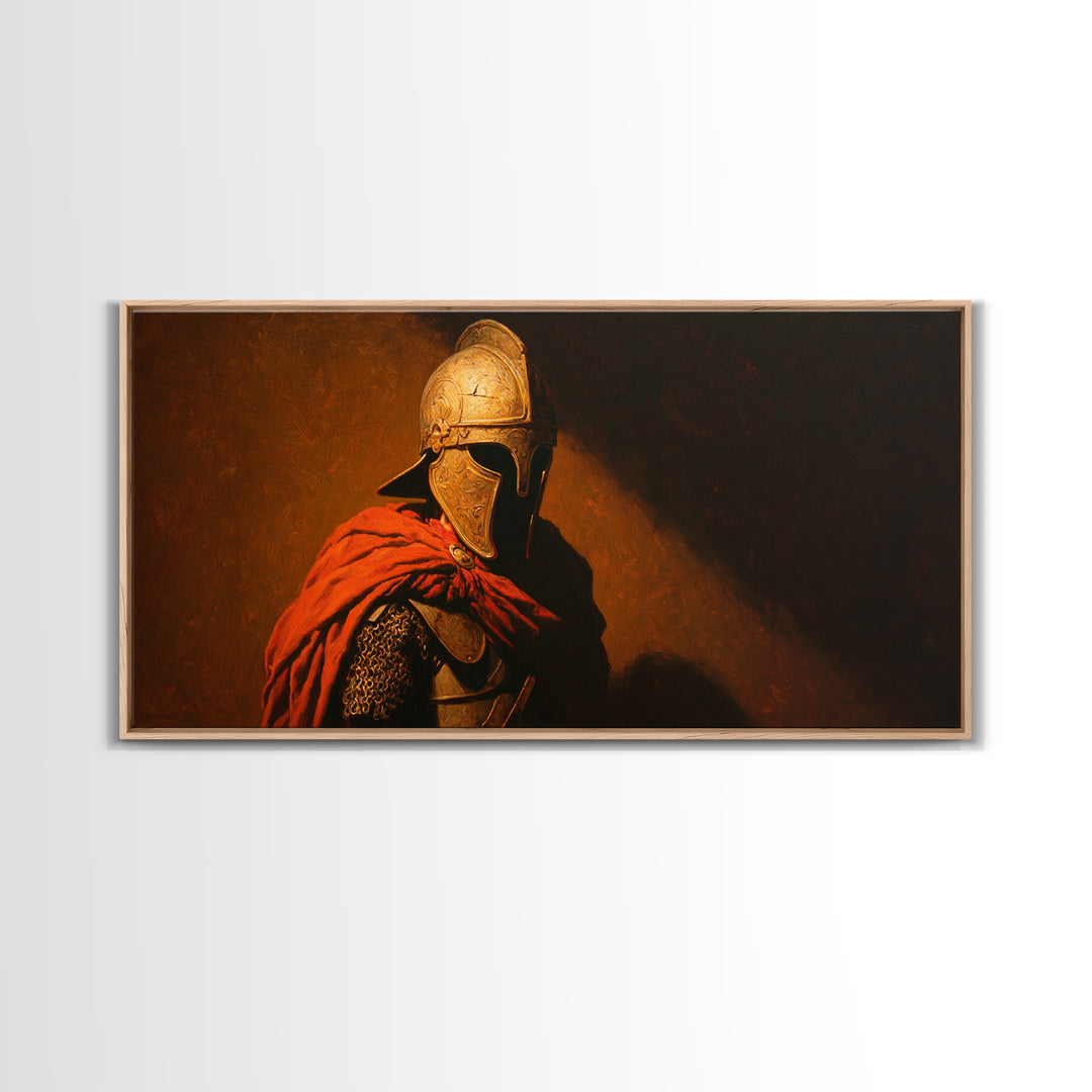 Ancient Helmeted Warrior In Red Cloak Canvas Print, Spartan Wall Art, Dark Academia Decor, Masculine Office Gift For Him