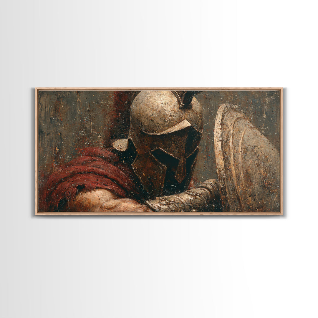 Bronze Helmet And Shield Warrior Framed Canvas Print, Ancient Battle Wall Art, Textured Painting, Gift For Him, Masculine Office Decor