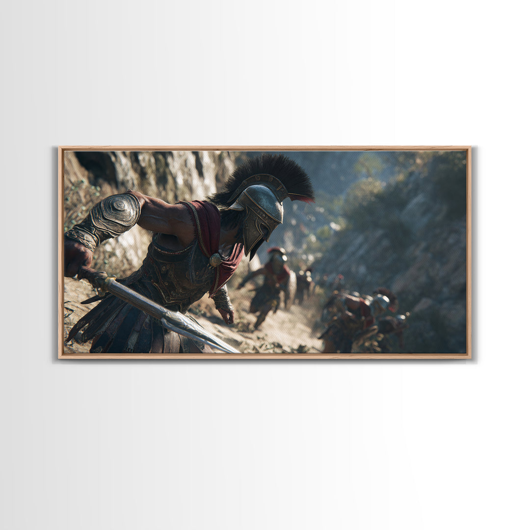 Spartan Warrior Sprinting Through Mountain Pass Wall Art, Ancient Greek Canvas Print, Battle Scene Decor, Masculine Office Poster