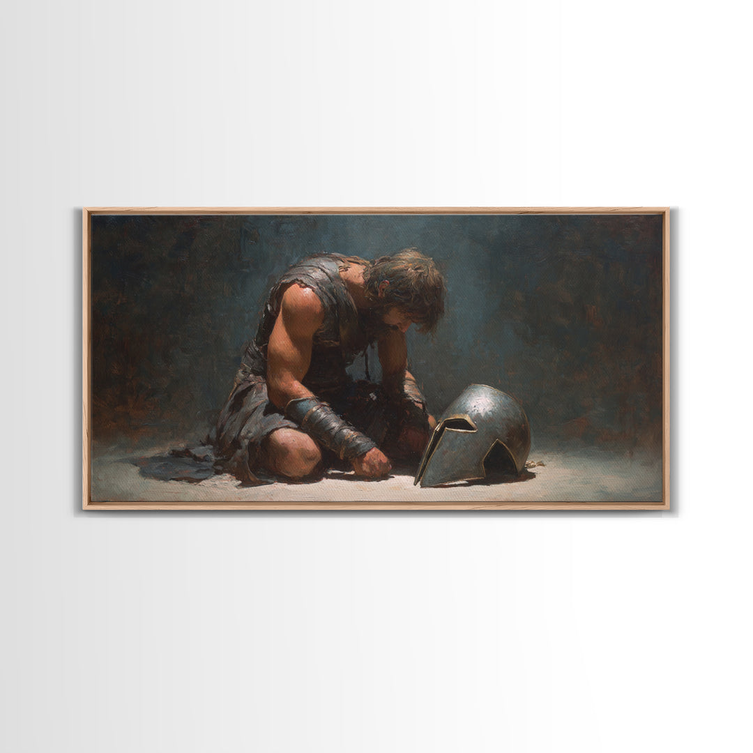 Defeated Ancient Gladiator With Helmet Framed Canvas Print, Dark Academia Wall Decor, Mythological Art, Gift For Him, Living Room Art