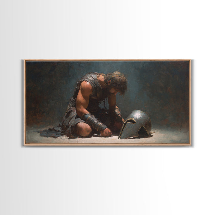 Defeated Ancient Gladiator With Helmet Framed Canvas Print, Dark Academia Wall Decor, Mythological Art, Gift For Him, Living Room Art