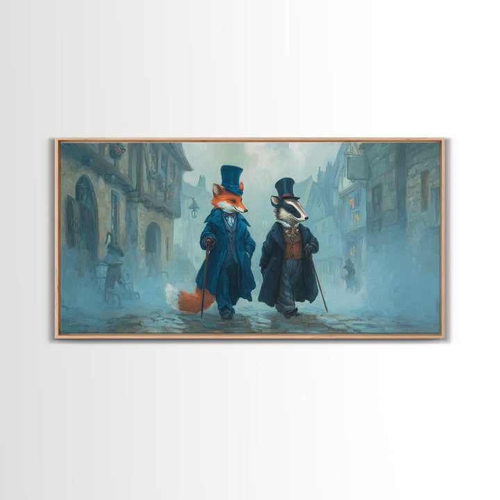 Dapper Fox And Badger In Foggy Village Canvas Print, Whimsical Animal Wall Art, Storybook Nursery Decor Gift, Kids Room Art