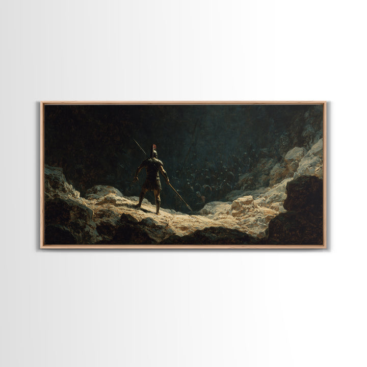 Lone Spear Warrior Facing Shadow Army Wall Art, Ancient Battle Canvas Print For Dark Fantasy Home Decor And Man Cave Office Decor
