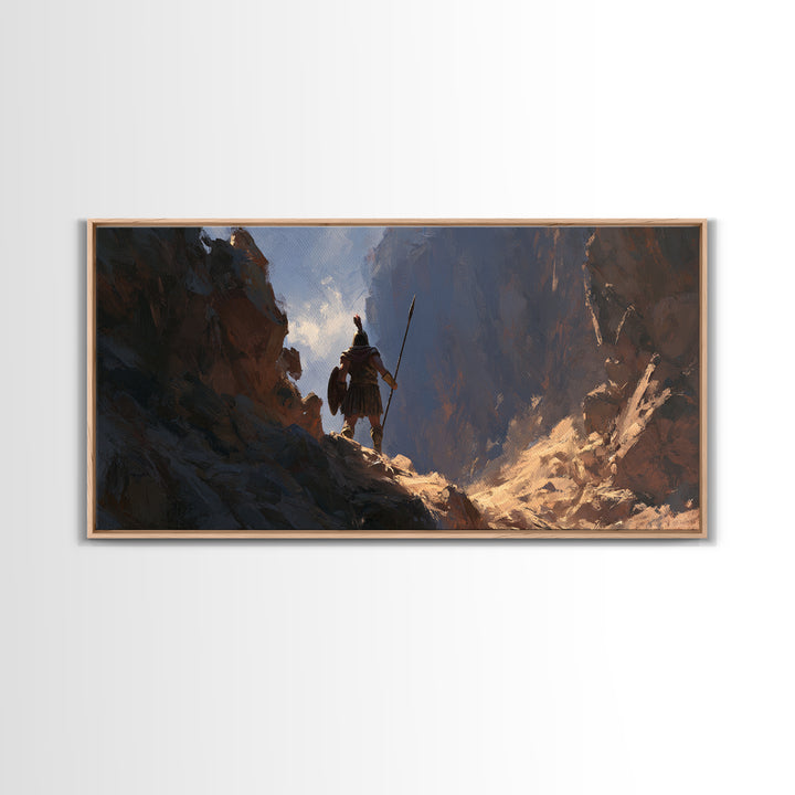 Lone Warrior In Mountain Canyon Framed Canvas Print, Fantasy Art, Mountain Wall Art, Rustic Decor, Gift For Him, Office Wall Art