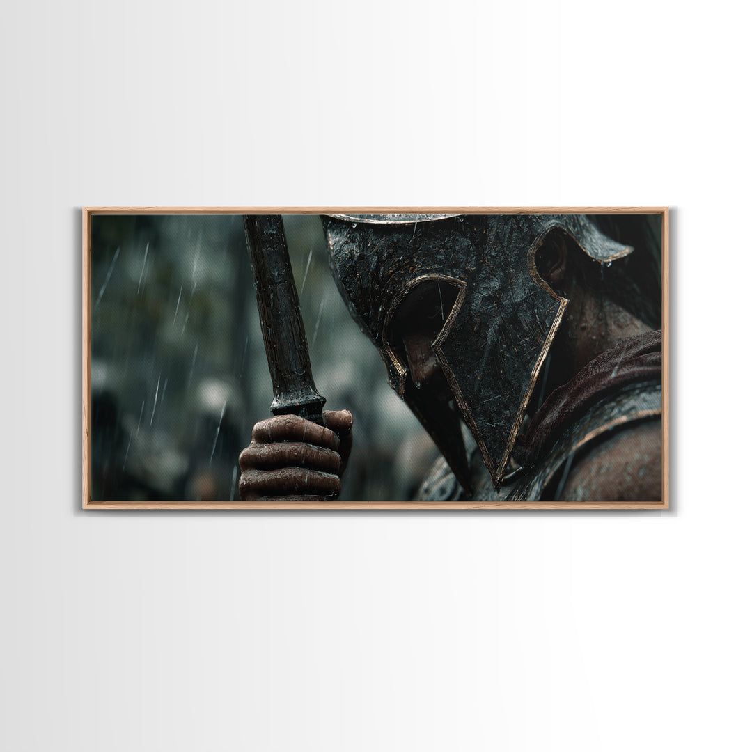 Rain Soaked Spartan Helmet And Axe Framed Canvas Print, Dark Warrior Wall Art, Ancient Battle Decor, Masculine Gift For Him
