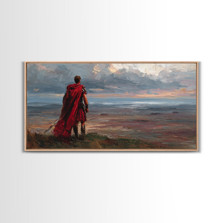 Red Cloaked Warrior Over Stormy Shore Wall Art, Epic Coastal Landscape Canvas Print, Fantasy Living Room Decor, Gift For Him