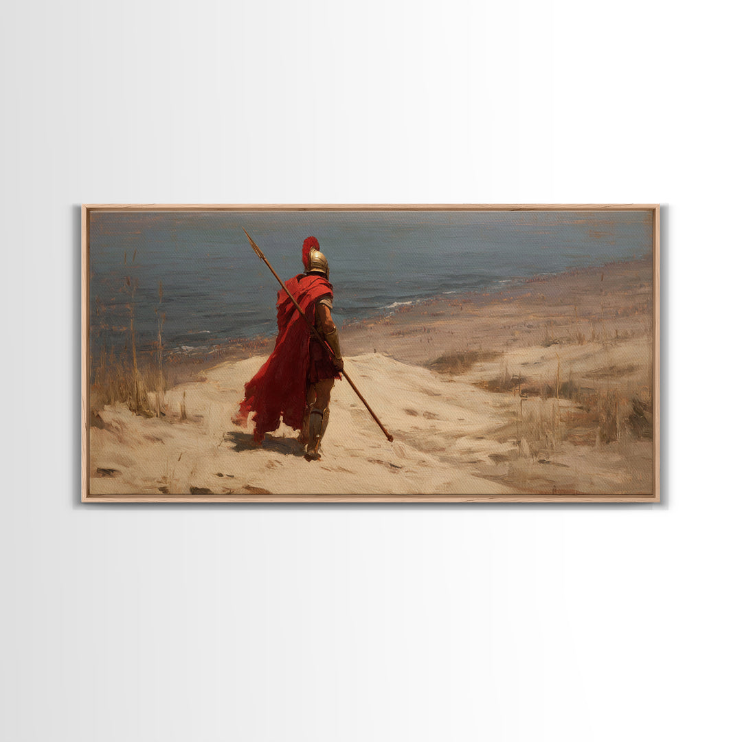 Lone Spartan Warrior On Shore Framed Canvas Print, Ancient Greek Wall Art, Historical Coastal Decor, Masculine Gift For Him