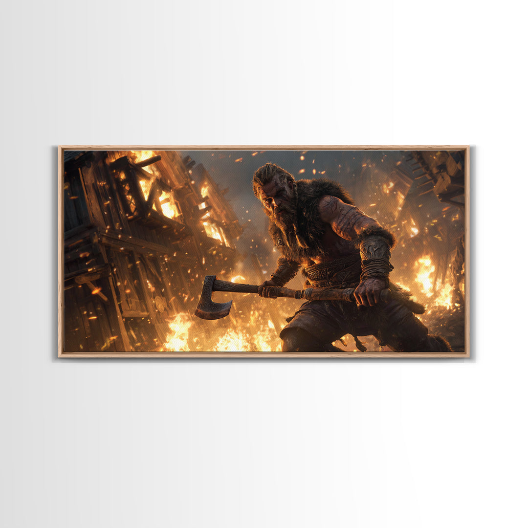 Fiery Viking Warrior Holding Axe Against Burning Village Background Canvas Print For Rustic Home Decor And Office Art