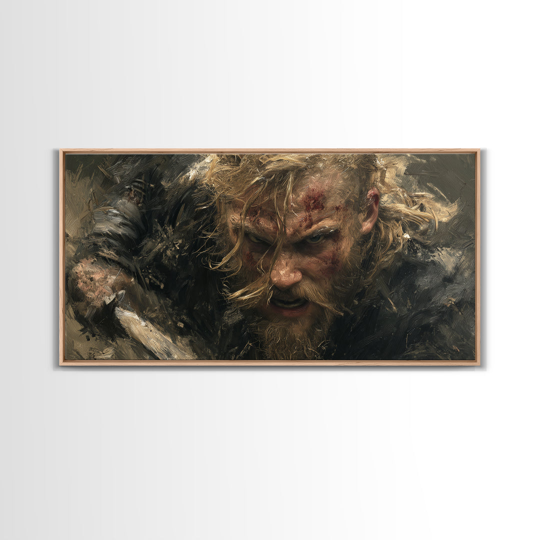 Fierce Viking Berserker Close Up Canvas Print, Nordic Warrior Portrait Wall Art, Dark Medieval Decor For Masculine Office