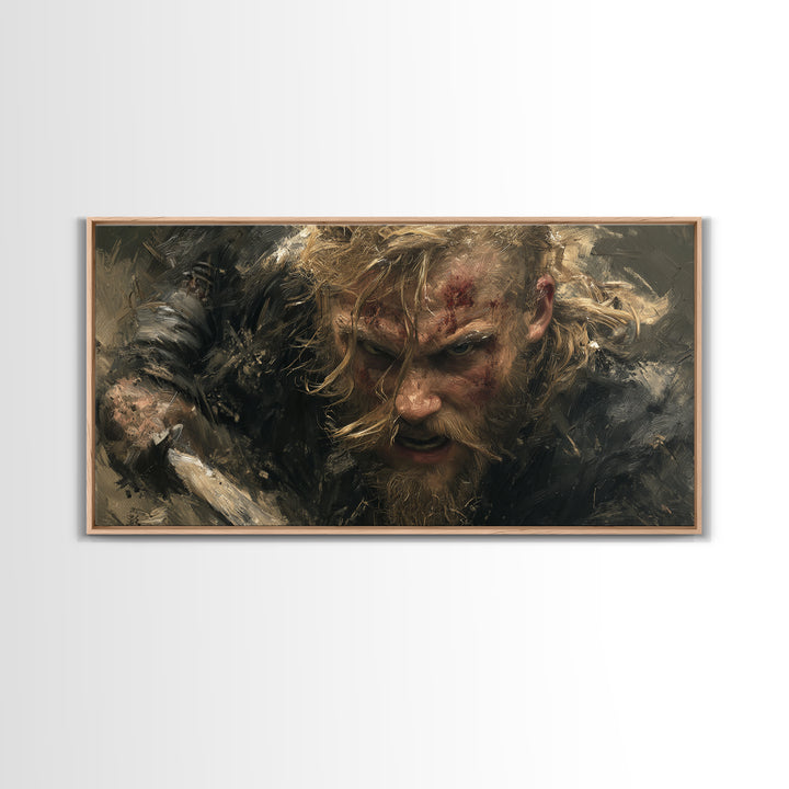Fierce Viking Berserker Close Up Canvas Print, Nordic Warrior Portrait Wall Art, Dark Medieval Decor For Masculine Office