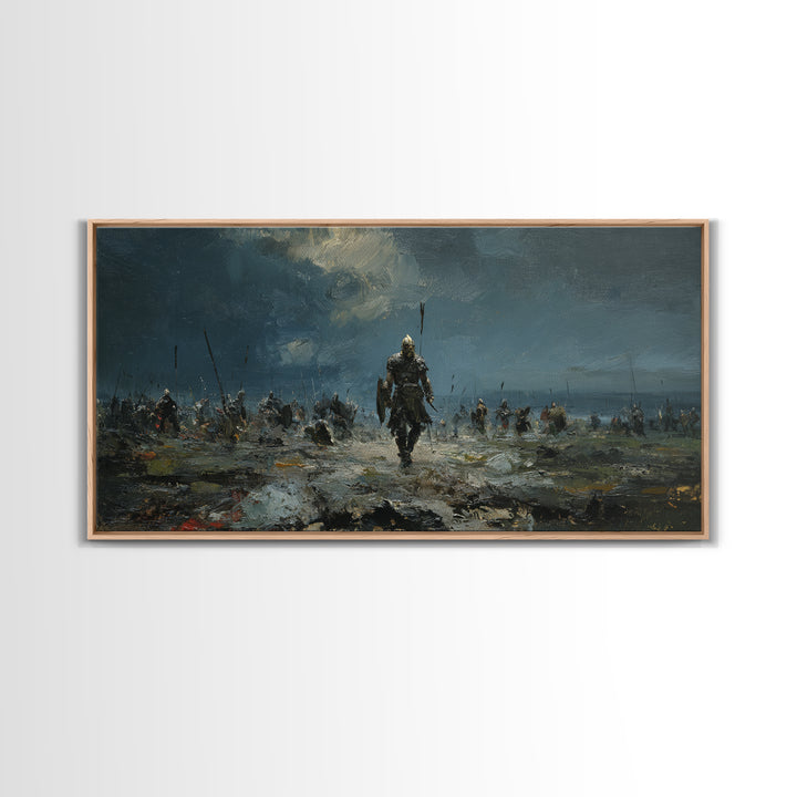 Warrior Leading Army Through Rain Canvas Print Dark Battlefield Wall Art, Epic Historical Decor For Masculine Home Office