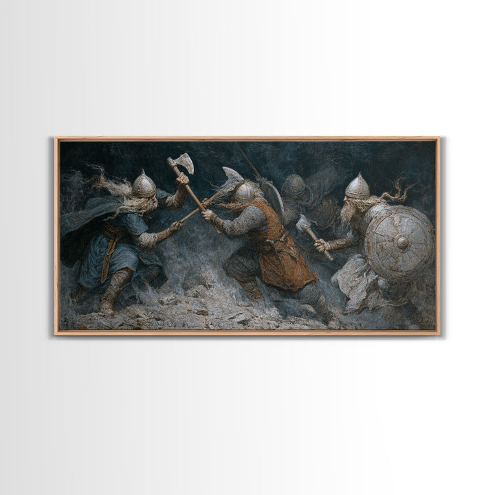 Medieval Warriors In Snowy Clash Framed Canvas Print, Viking Battle Wall Art, Dark Fantasy Man Cave Home Decor, Gift For Him