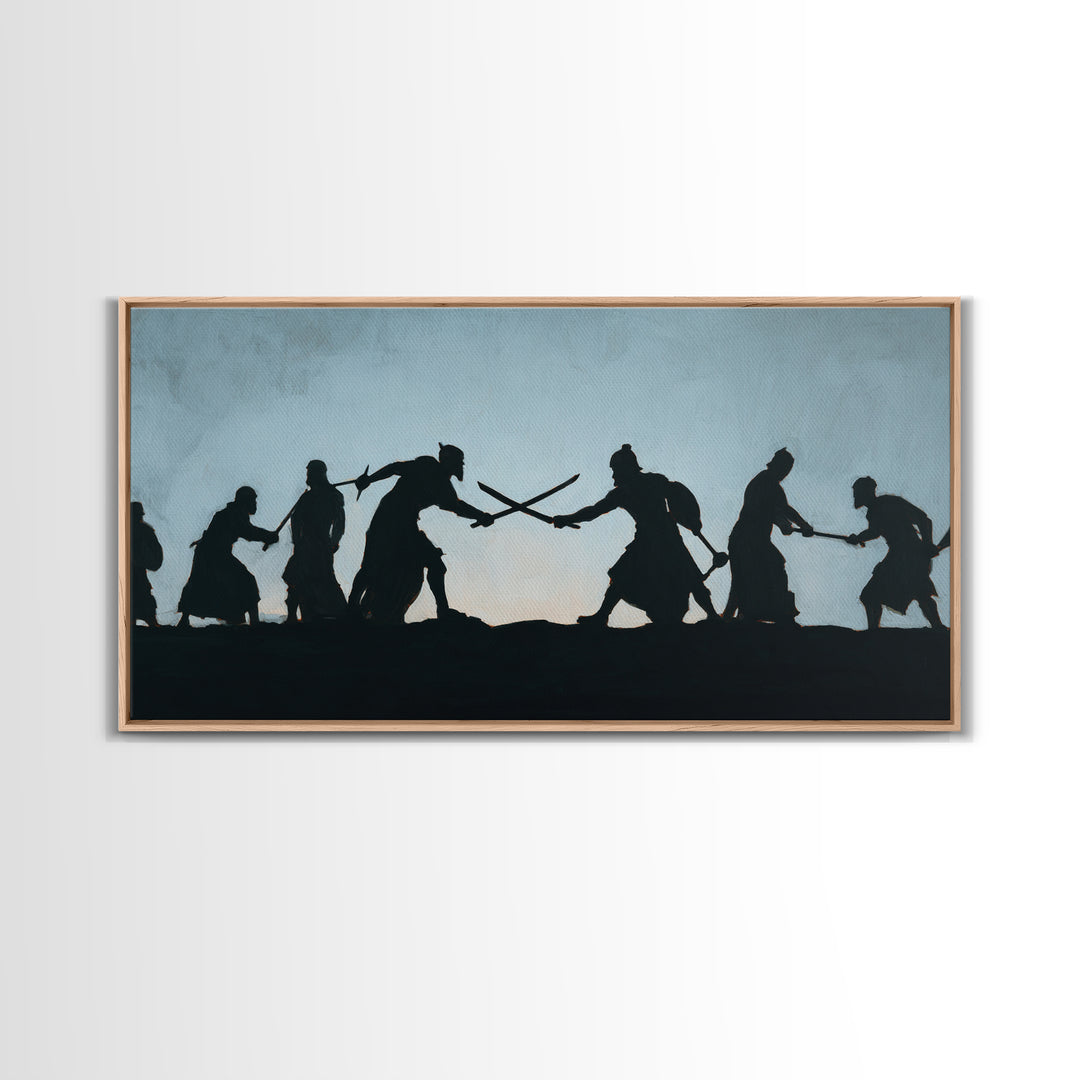 Silhouetted Sword Fighters Wall Art, Minimalist Warrior Battle Print, Black And White Decor, Fantasy Office Art Gift For Him
