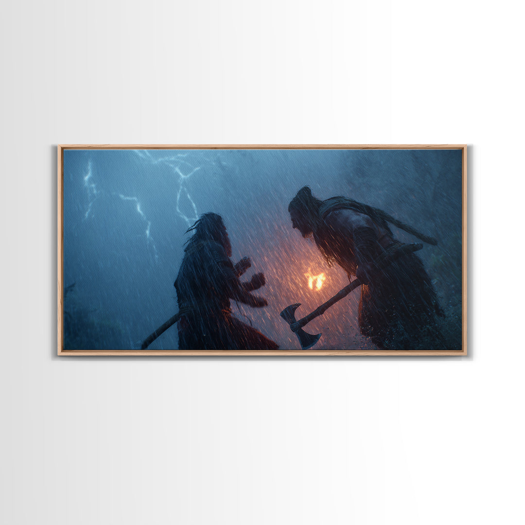 Two Viking Warriors In Lightning Storm Canvas Print, Dark Fantasy Wall Art, Norse Mythology Decor, Dramatic Battle Poster