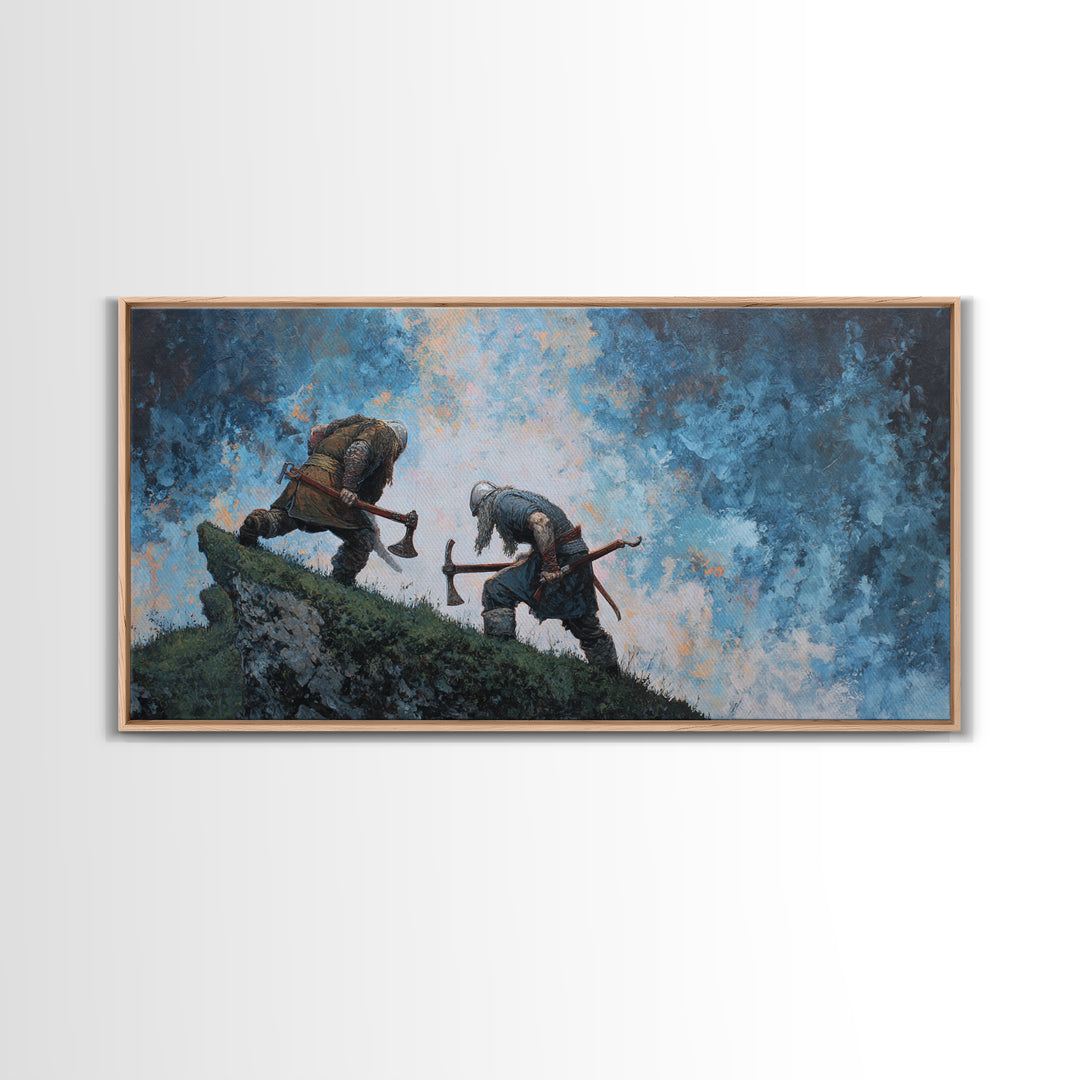 Two Axe Warriors Climbing Stormy Ridge Framed Canvas Print, Viking Battle Wall Art, Dark Fantasy Office Decor Gift, Medieval Art Print