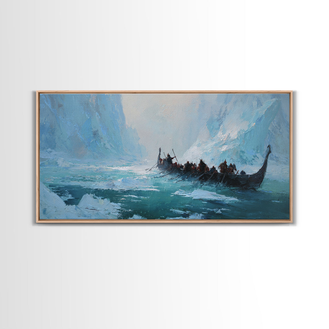 Icy Viking Longship On Turquoise Fjord Canvas Print, Nordic Seascape Wall Decor, Coastal Adventure Art, Gift For Him, Home Decor