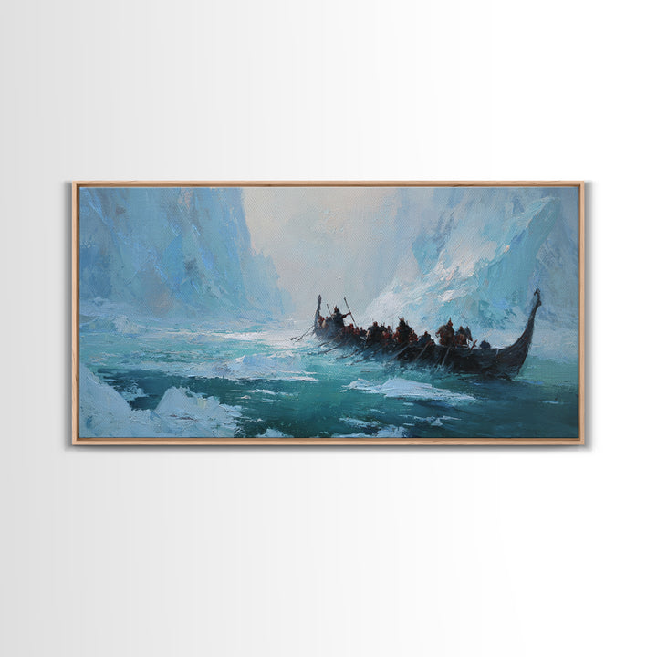 Icy Viking Longship On Turquoise Fjord Canvas Print, Nordic Seascape Wall Decor, Coastal Adventure Art, Gift For Him, Home Decor