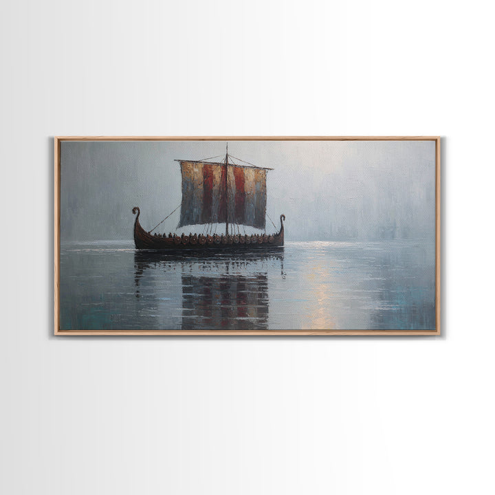 Viking Longship In Misty Water Canvas Print, Nautical Wall Art, Norse Seascape Painting, Coastal Decor For Living Room Art