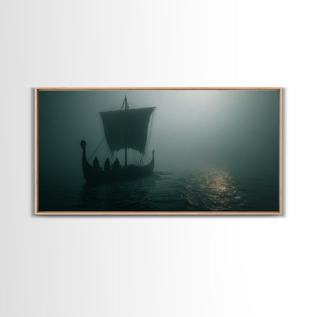 Foggy Viking Longship On Silent Water Wall Art, Nautical Art, Moody Wall Art, Scandinavian Decor, Living Room Decor, Office Decor