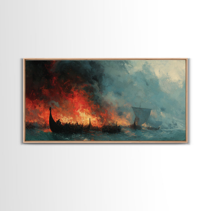 Burning Viking Ships At Stormy Sea Wall Art, Dramatic Norse Seascape Canvas Decor, Historical Ocean Art For Man Cave Decor