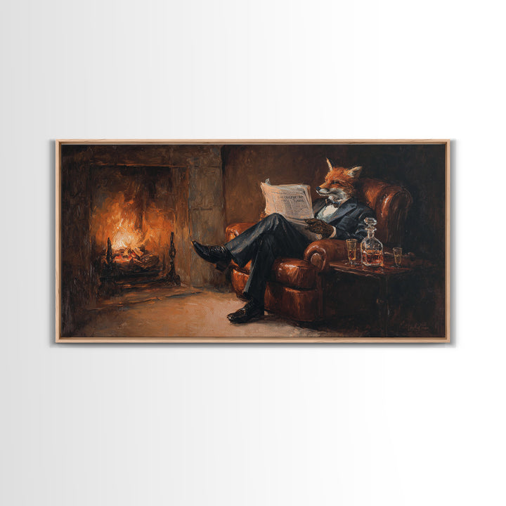 Fox Gentleman Reading By Fireside Canvas Print, Cozy Library Wall Art, Whimsical Animal Decor, Dark Academia Gift For Him