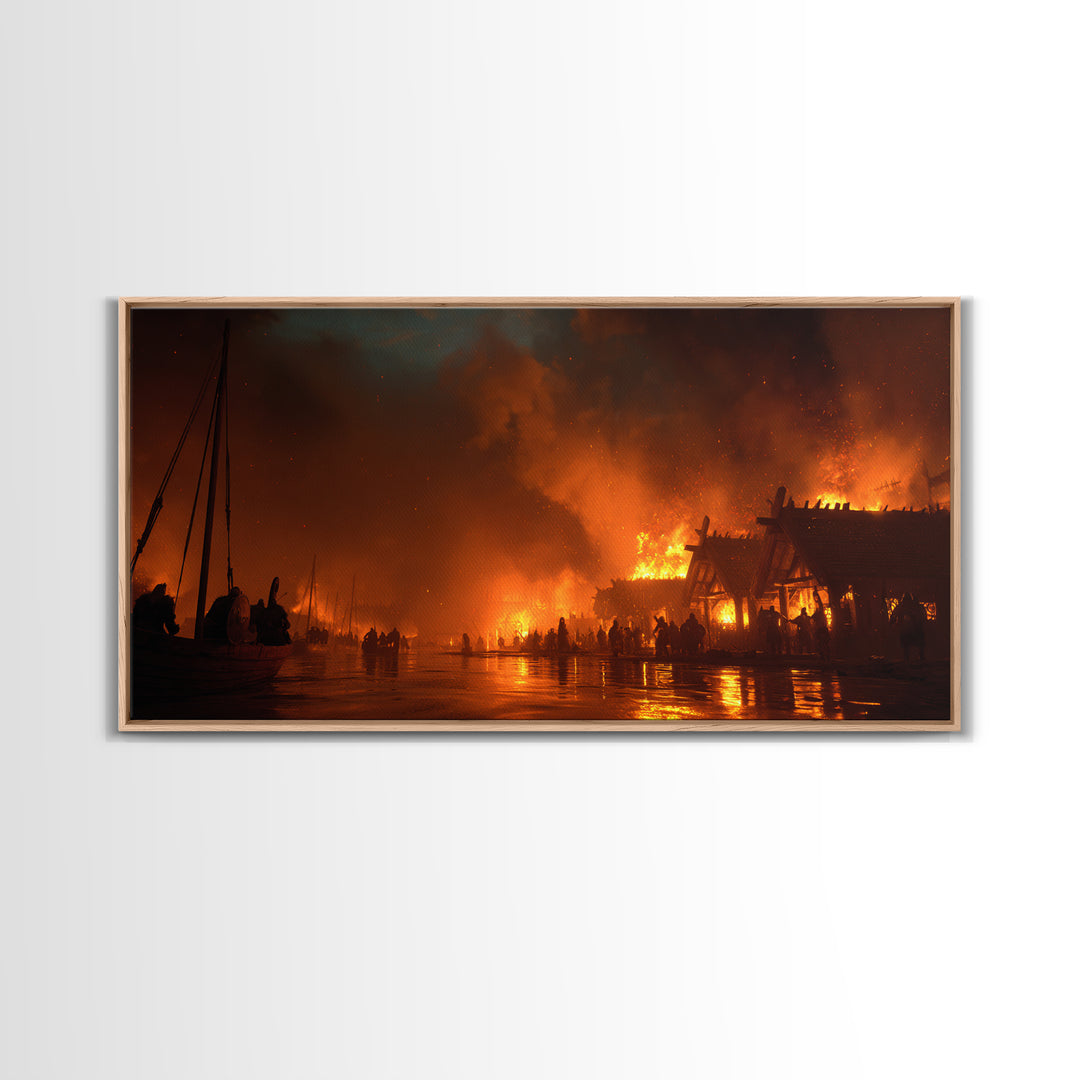 Burning Viking Village At Night Canvas Print, Fiery Harbor Wall Art, Norse Fantasy Decor, Dramatic Medieval Landscape Poster