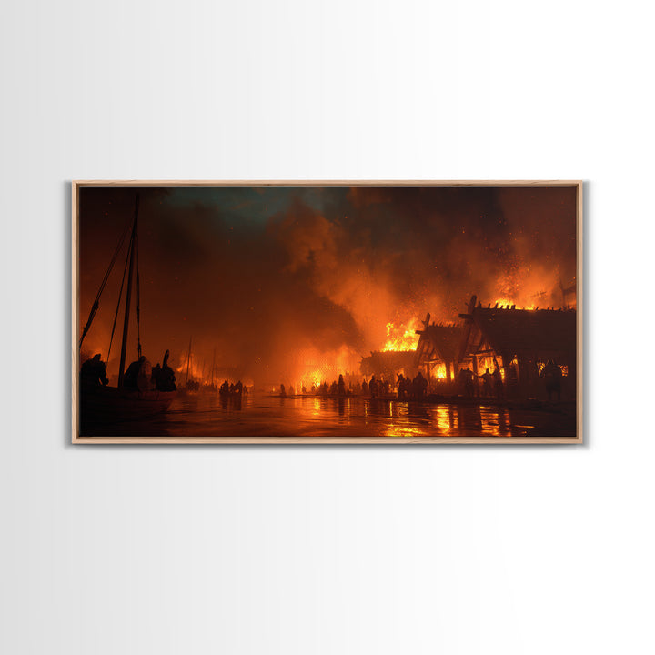 Burning Viking Village At Night Canvas Print, Fiery Harbor Wall Art, Norse Fantasy Decor, Dramatic Medieval Landscape Poster
