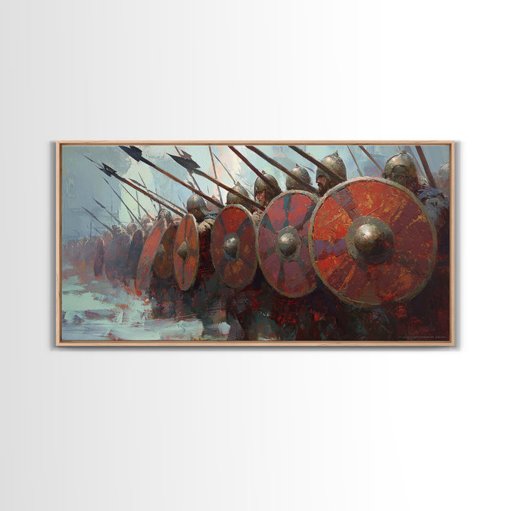 Spartan Phalanx With Red Shields Framed Canvas Print Ancient Warrior Wall Art, Historical Battle Office Decor For Man Cave