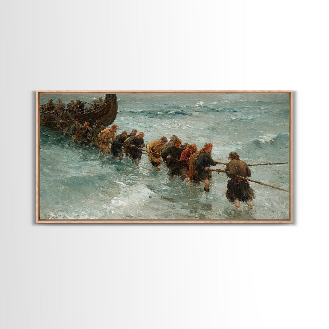 Viking Ship Landing In Icy Surf Framed Canvas Print, Norse Seascape Wall Art, Coastal Adventure Home Decor, Unique Gift For Him