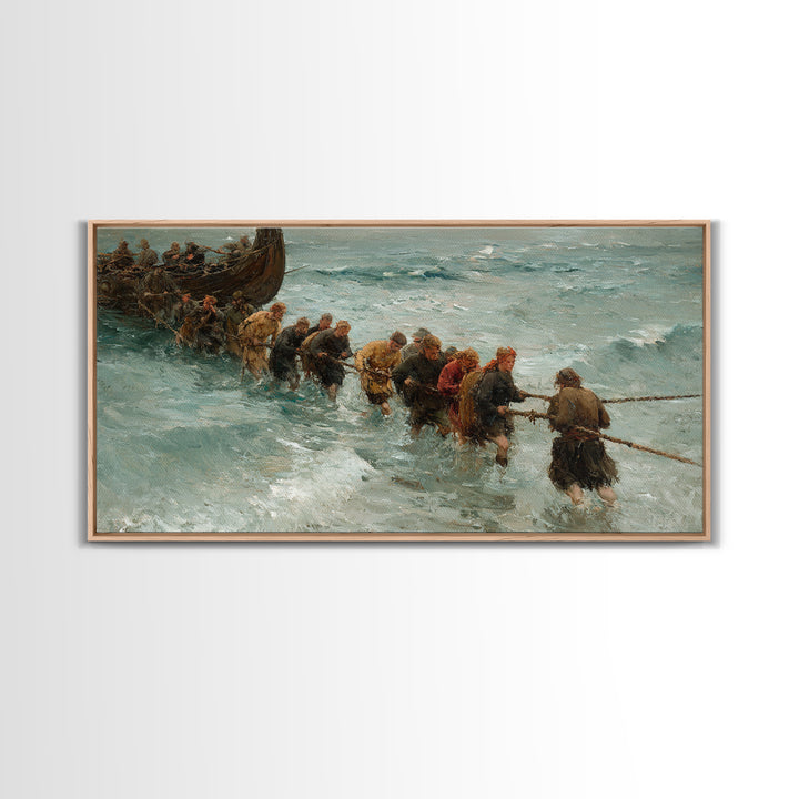 Viking Ship Landing In Icy Surf Framed Canvas Print, Norse Seascape Wall Art, Coastal Adventure Home Decor, Unique Gift For Him