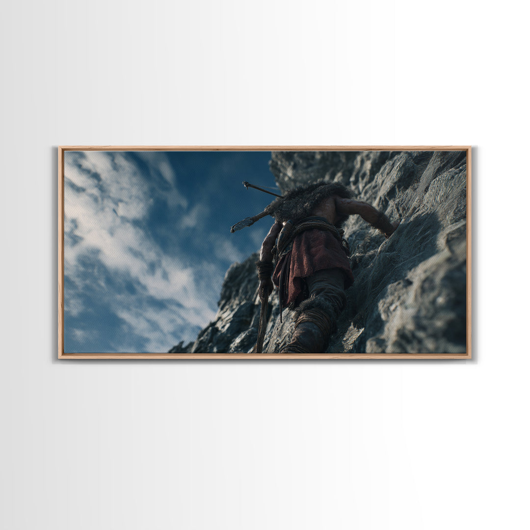 Rugged Warrior Climbing Sheer Mountain Cliff Canvas Print, Adventure Decor, Mountain Wall Art, Fantasy Art, Gift For Him