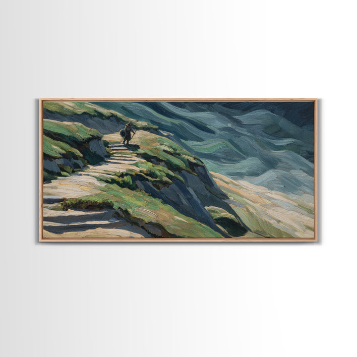 Rider On Mountain Path In Textured Hills Wall Art, Impressionist Landscape Canvas Print, Rustic Nature Decor, Home Decor