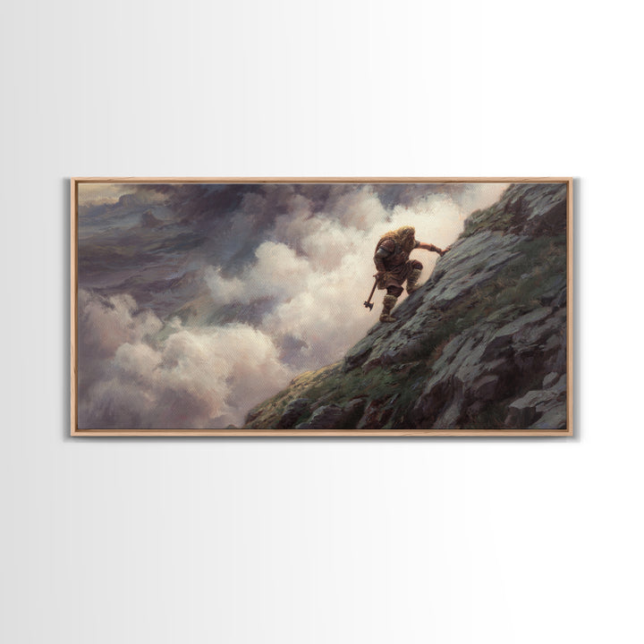 Lone Warrior Climbing Stormy Mountain Framed Canvas Print, Fantasy Adventure Wall Art, Moody Landscape Decor, Gift For Him