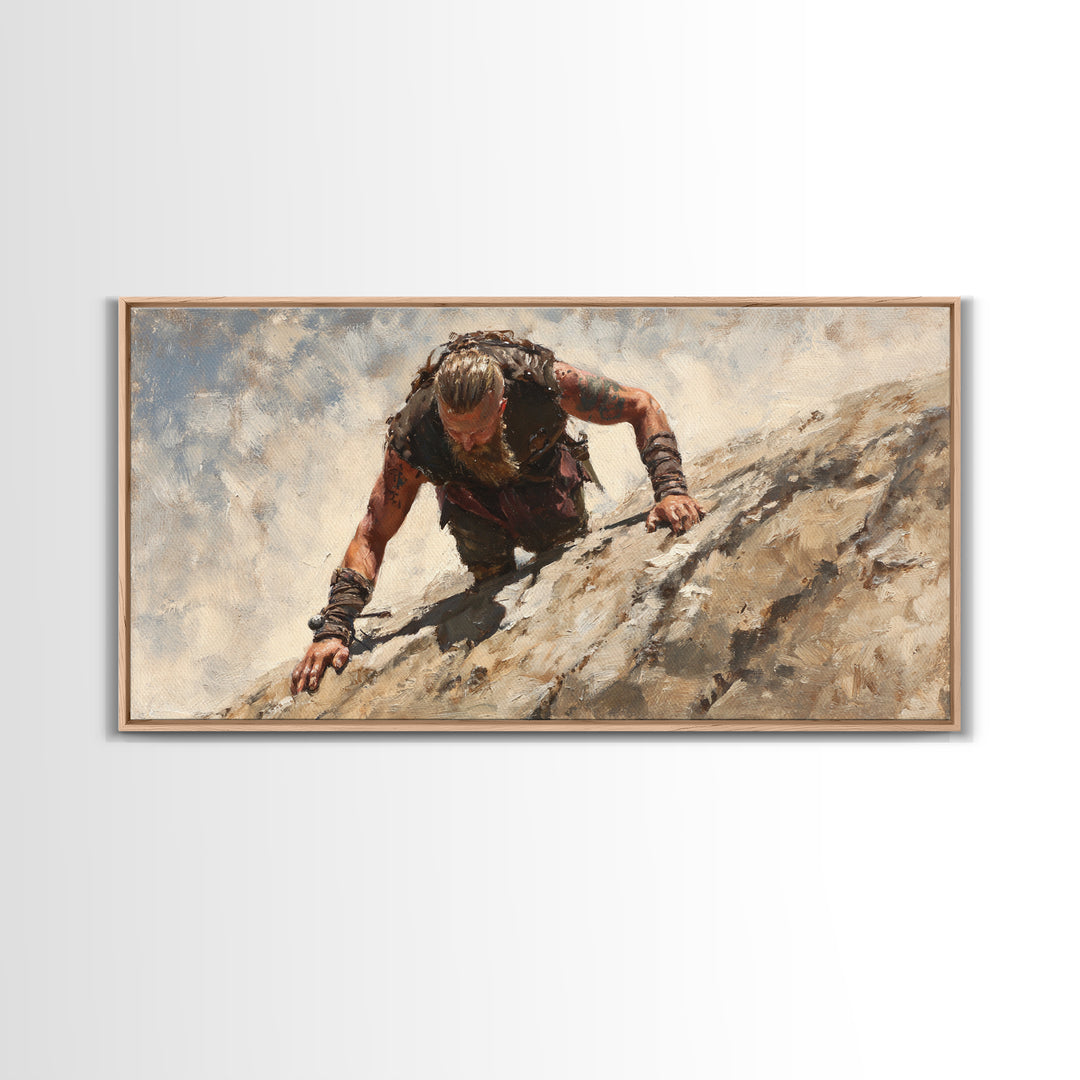Rugged Viking Climbing Snowy Mountain Cliff Wall Art, Textured Adventure Canvas Print For Masculine Office Decor And Cabin Decor