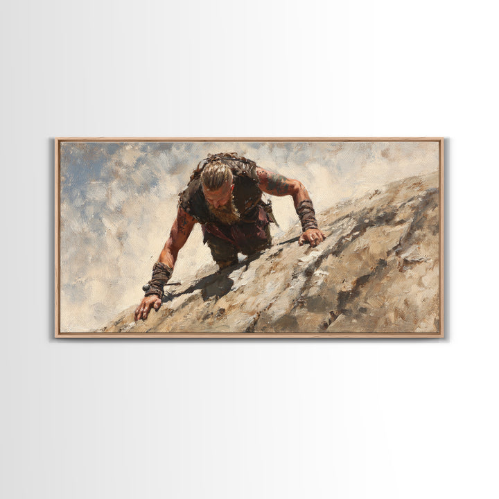 Rugged Viking Climbing Snowy Mountain Cliff Wall Art, Textured Adventure Canvas Print For Masculine Office Decor And Cabin Decor