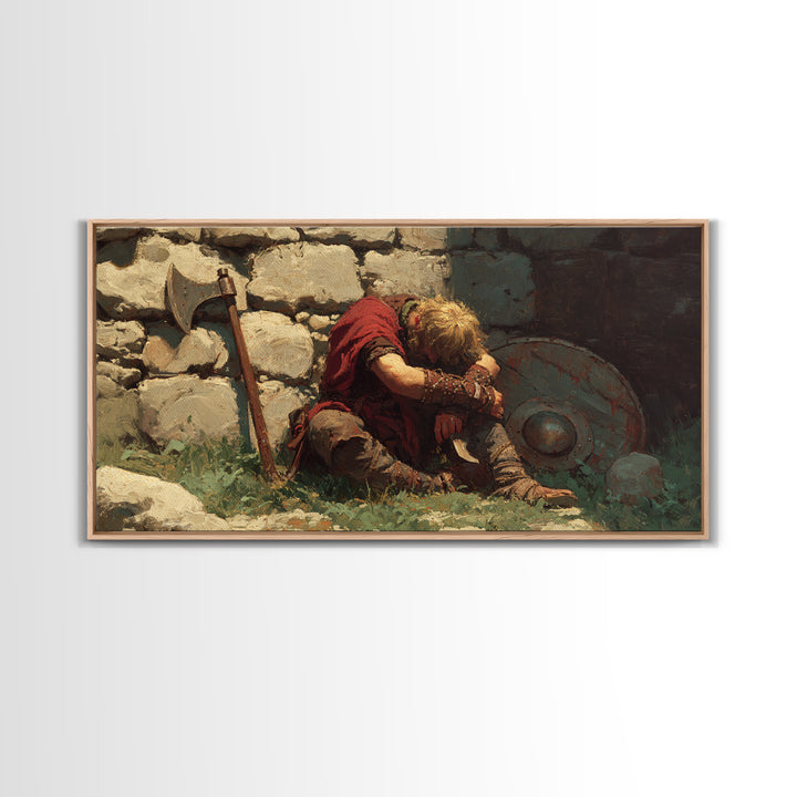 Wounded Viking Resting By Stone Wall Canvas Print, Norse Warrior Artwork, Rustic Historical Decor, Dark Academia Art, Gift For Him