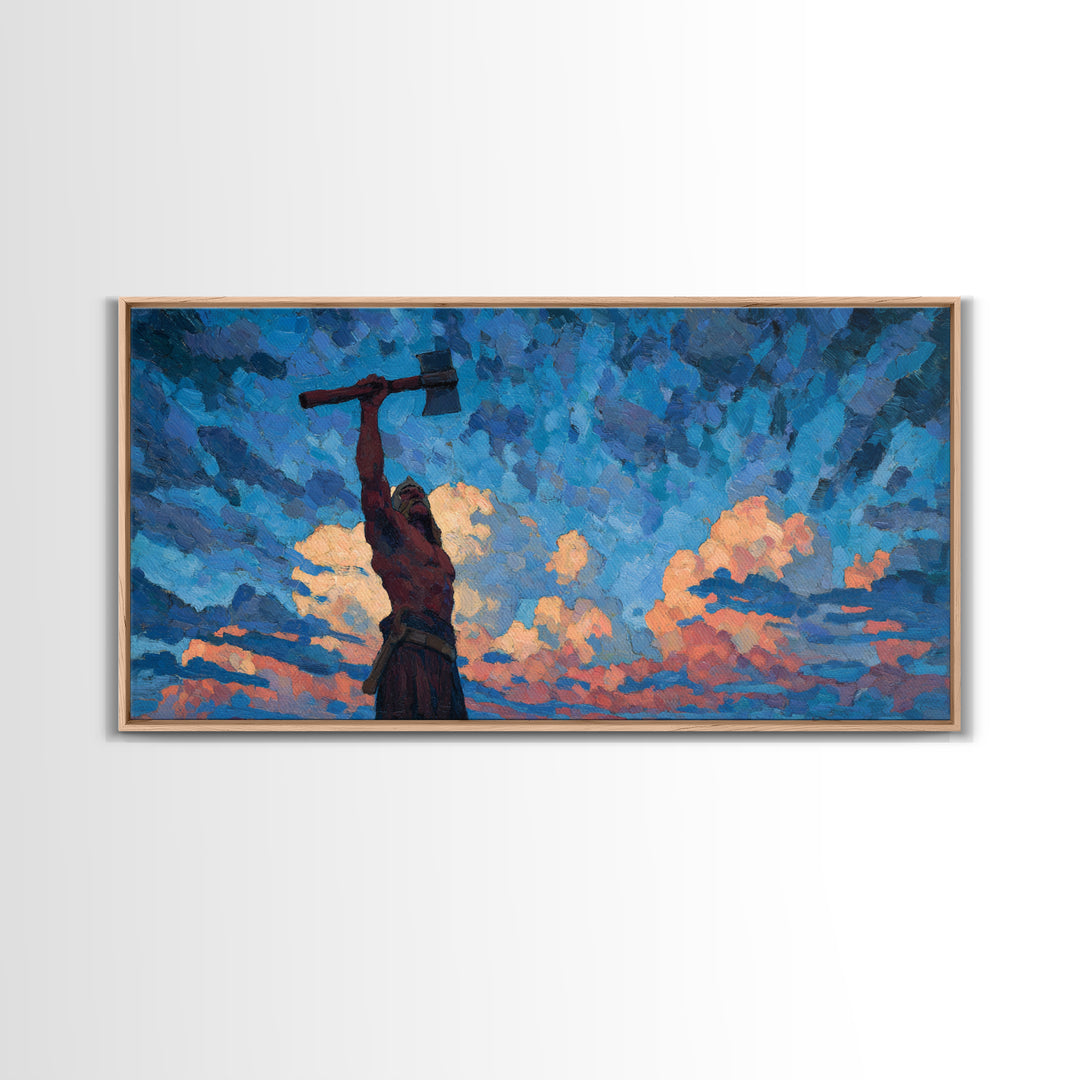 Dynamic Expressionist Oil Painting Of Man With Raised Axe Under Blue Sky Modern Wall Art Canvas Print