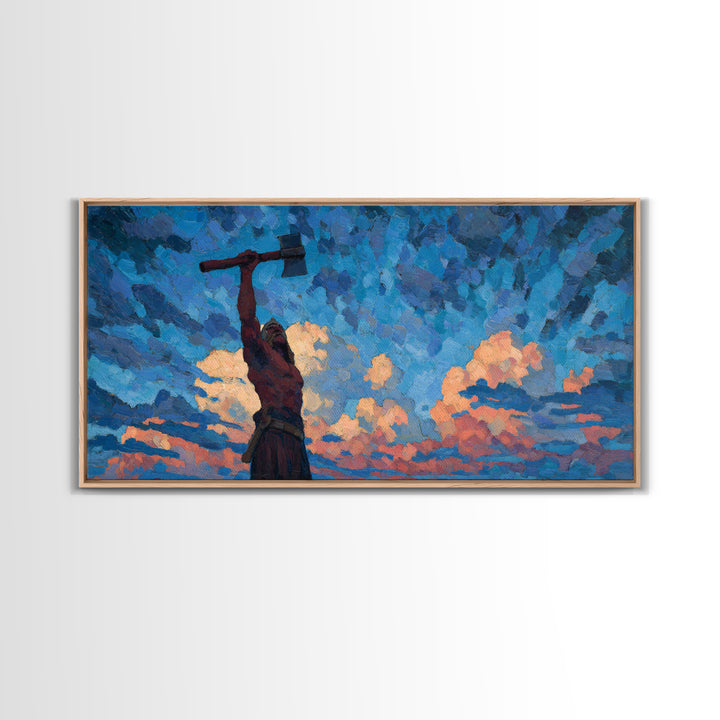 Dynamic Expressionist Oil Painting Of Man With Raised Axe Under Blue Sky Modern Wall Art Canvas Print