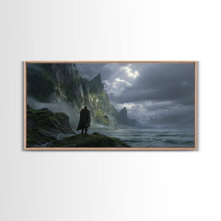 Lonely Wanderer On Stormy Sea Cliffs Canvas Print, Dark Fantasy Landscape Wall Art, Viking Coastal Decor, Moody Seascape