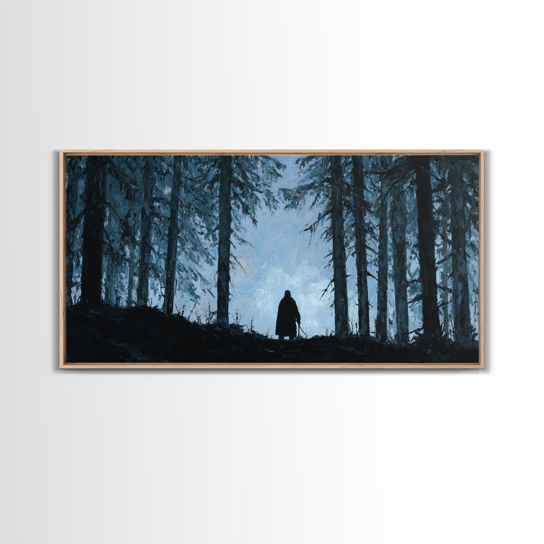 Lone Wanderer In Dark Pine Forest Wall Art, Moody Landscape Print, Gothic Nature Decor, Fantasy Cabin Wall Decor Gift For Him