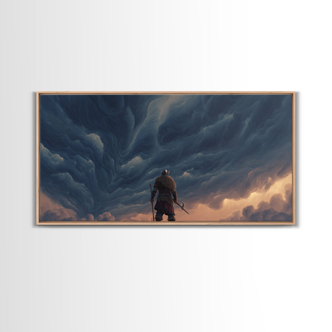 Viking Warrior Beneath Storm Clouds Canvas Print, Nordic Fantasy Wall Art, Moody Landscape Decor, Gift For Him, Living Room Decor