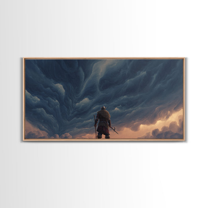Viking Warrior Beneath Storm Clouds Canvas Print, Nordic Fantasy Wall Art, Moody Landscape Decor, Gift For Him, Living Room Decor