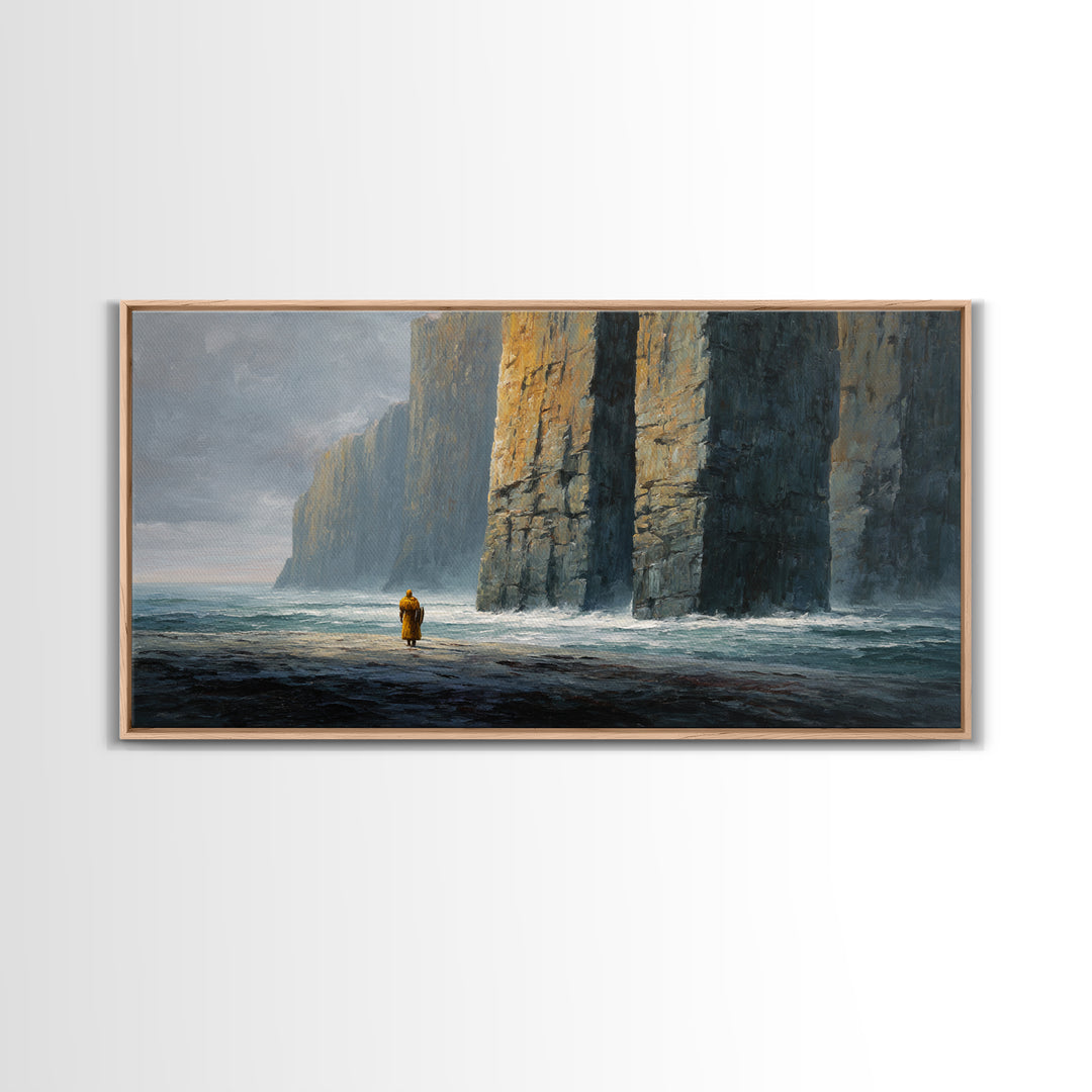 Lone Wanderer By Towering Sea Cliffs Wall Art, Moody Seascape Painting, Coastal Landscape Print, Dramatic Ocean Decor For Living Room