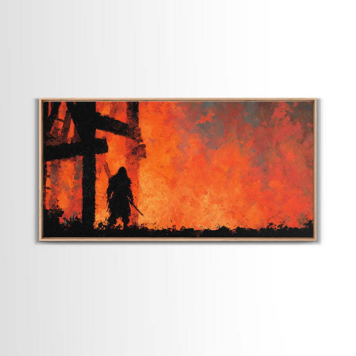 Dark Warrior Before Burning Tower Wall Art, Fiery Fantasy Landscape Print, Red Orange Gothic Decor, Dramatic Wall Decor Gift