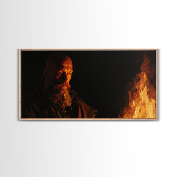 Bearded Man By Fire In Moody Light Canvas Print, Dark Portrait Wall Art, Rustic Viking Decor, Masculine Office Art, Gift For Him