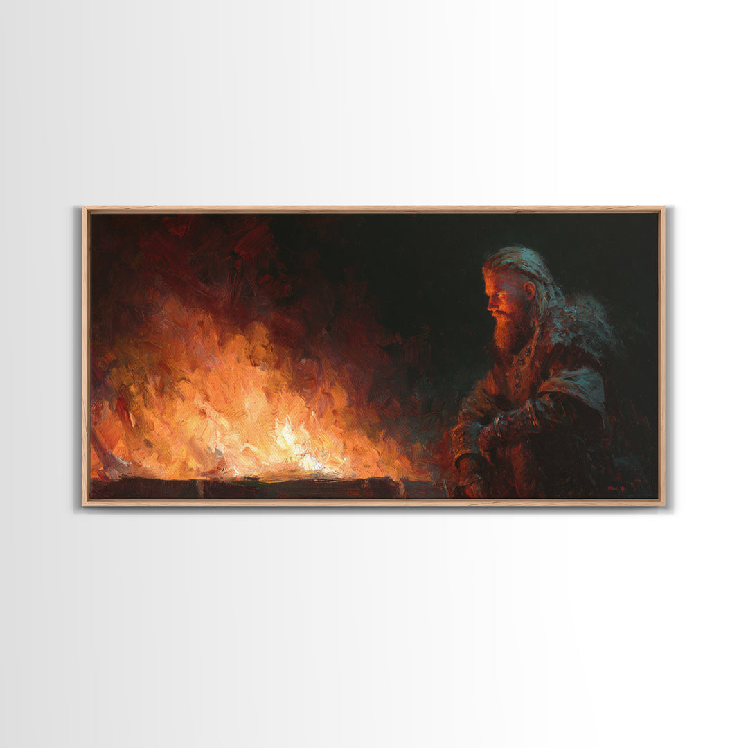 Bearded Viking Beside Blazing Fire Wall Art, Dark Nordic Canvas Print For Rustic Home Decor And Masculine Office Decor Gift