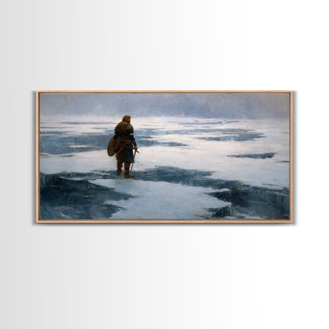 Lone Viking On Frozen Tundra Canvas Print, Nordic Winter Landscape Wall Decor, Medieval Warrior Art For Rustic Home Decor