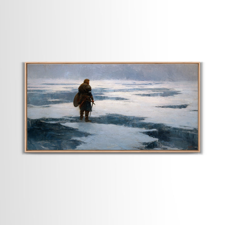 Lone Viking On Frozen Tundra Canvas Print, Nordic Winter Landscape Wall Decor, Medieval Warrior Art For Rustic Home Decor