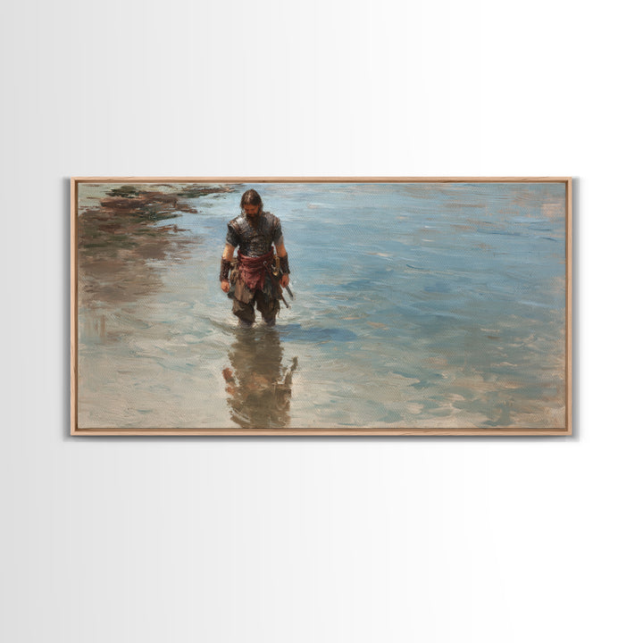 Solitary Warrior Walking Through Blue Water Canvas Print, Coastal Battle Wall Art, Heroic Landscape Decor, Modern Gift For Him